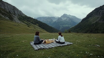 Two friends enjoy a peaceful picnic in a lush alpine meadow surrounded by majestic mountains, under a cloudy sky evoking a sense of serene companionship.
