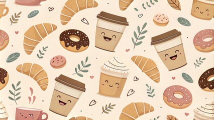 Cute coffee and pastry pattern with donuts, croissants, and leaves