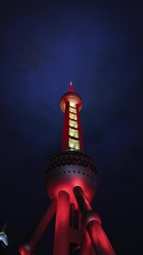 Shanghai TV Tower, night lighting, vertical video
