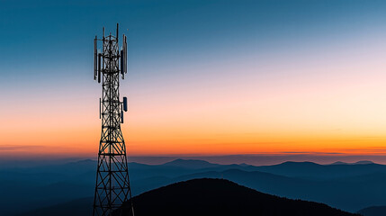 Telecommunication tower with antennas on a mountain during sunset, with colorful sky and silhouette of distant mountain ridges.