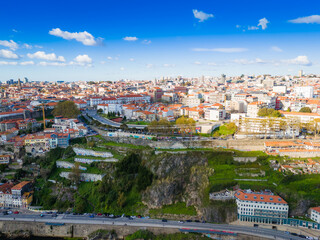 Obraz premium Porto old town and Ribeira district. Aerial drone view of Porto city center. Portugal city panoramic landscape