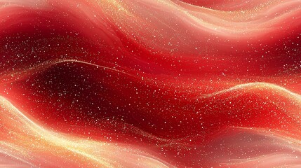 Dynamic red abstract background with gold sparkling waves and glittering particles