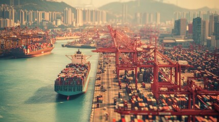 A bustling harbor with massive cranes and container ships, showcasing the vibrant operations of global trade under a clear, expansive sky.