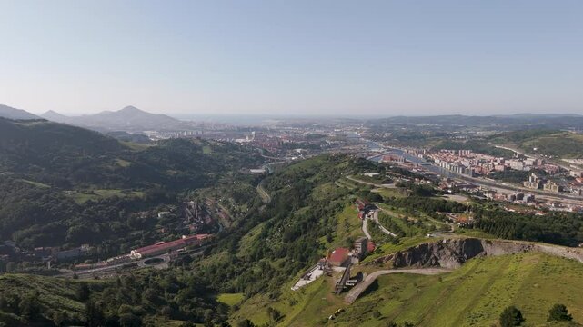 Aerial footage of Mount Cobetas, on a sunny day in Bilbao city, Biscay province, Spain