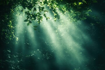 Sunlight beams through the foliage of a dense forest, creating a mystical atmosphere.