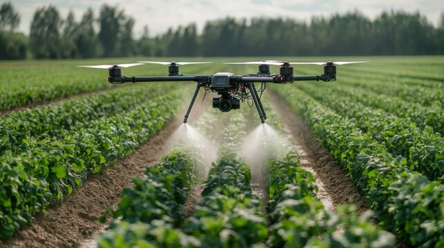 A drone equipped with sprayers flies over a vibrant farm field, highlighting the harmony of technology and agriculture.