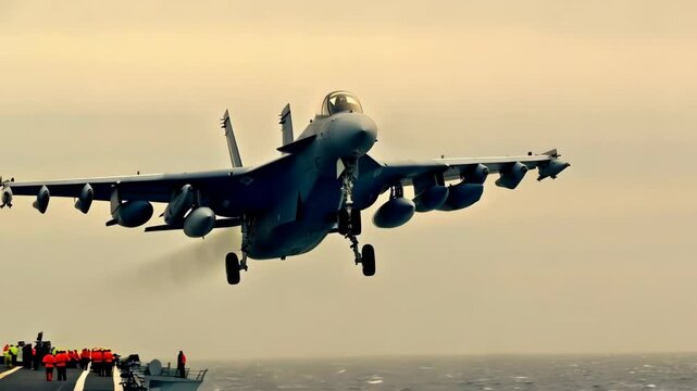 Military fighter jet approaching aircraft carrier deck for landing, with deck crew in orange safety vests observing from the flight deck.