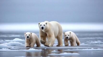 A majestic polar bear and two cubs stride across an icy landscape, embodying the serene beauty and strength of Arctic wildlife.