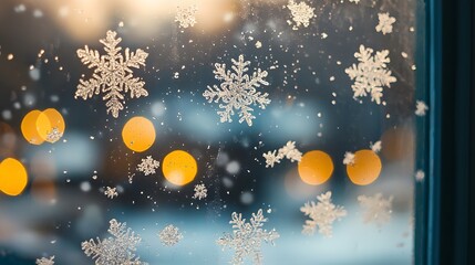 Through frosty window, snowy trees and quiet house create serene winter landscape under cloudless blue sky. Countryside tranquility at its best