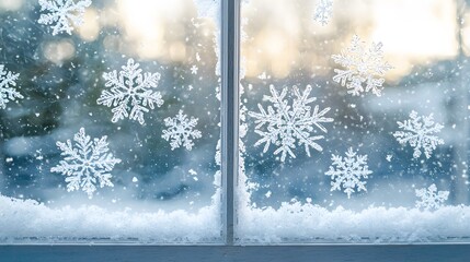 Cozy view of frosty countryside through winter window featuring snow-dusted trees and charming house