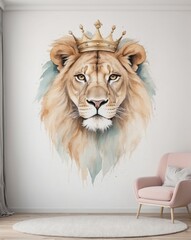 A majestic lion wearing a crown depicted in art.