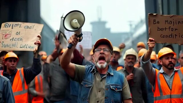 Industrial workers protesting with signs and megaphone, demanding better working conditions, wearing safety vests and hard hats during organized strike.