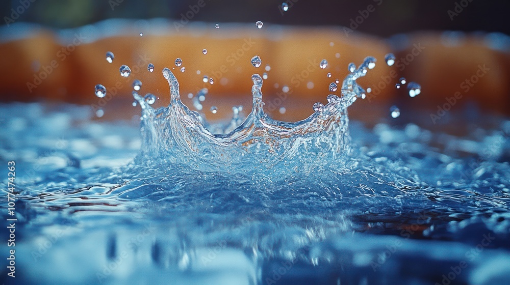 Poster close-up of a water drop hitting the surface of the water, creating a splash with many droplets.