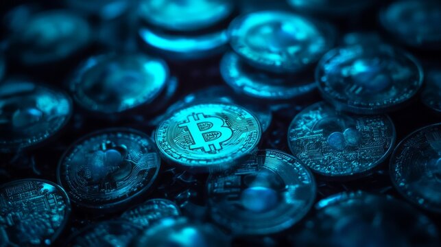 A collection of shiny Bitcoin coins, glowing under a subdued blue light, evokes futuristic currency concepts, digital wealth, and a mysterious aura.