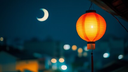 Naklejka premium A vibrant red lantern glows against a night sky, accompanied by a graceful crescent moon in the background.