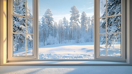 Tranquil winter scene seen through frosty window, with snow-covered trees, peaceful village and bright clear sky adding to charm