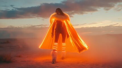 A figure clad in bright, neon-fur-lined apparel stands boldly in a desert landscape at twilight, exuding a sense of adventure and futuristic flair.