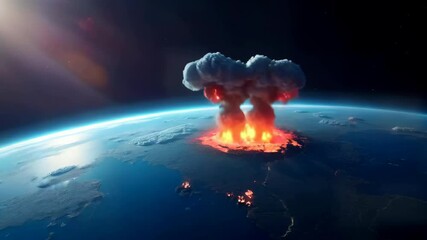 Dramatic visualization of asteroid impact on Earth's surface, creating massive explosion and fire trail in atmosphere, view from space. - Powered by Adobe