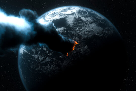 Meteor Impacting Earth's Atmosphere with Smoke Trail