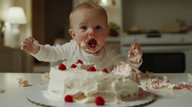 A baby covered in cake frosting joyfully sits in front of a partially eaten cake, surrounded by the warmth and mess of an intimate birthday celebration.