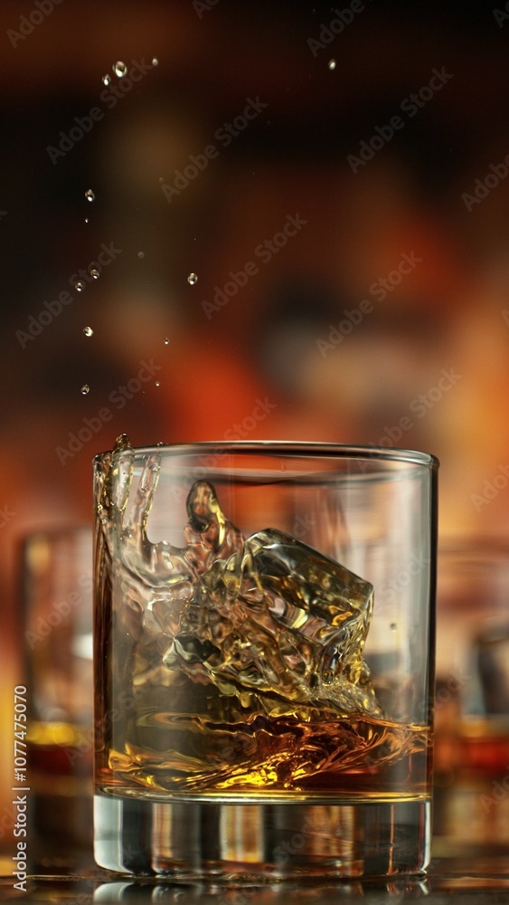 Poster an ice cube falls into a glass of poured whiskey causing a splash.
