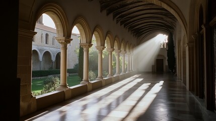 Sunlight filters through archways of a serene cloister, casting ornate shadows on the walkway amidst peaceful gardens.