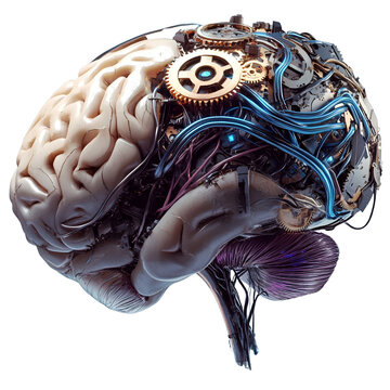A hybrid representation of a human brain with mechanical gears and blue wiring showcasing the fusion of biology and technology. Image on a transparent background, png.