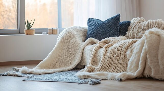 Cozy interior with warm blanket and blue pillows on sofa