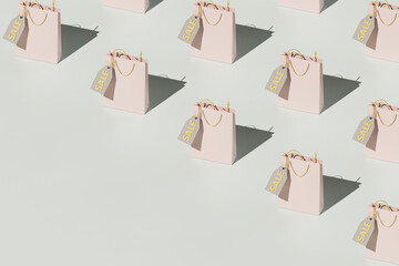 3D Render of Shopping Bags with Sale Tags in Offset Pattern