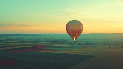 Fototapeta premium A solitary hot air balloon floats peacefully over a vast, open landscape during sunrise, symbolizing freedom and exploration.