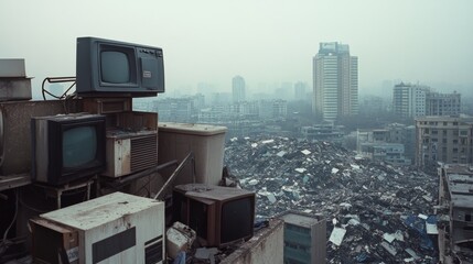 Old televisions perched on a rooftop overlooking a cityscape dominated by heaps of rubble and distant skyscrapers.