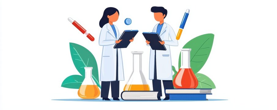Two scientists in white lab coats discuss findings amidst lab equipment and greenery, highlighting collaboration in research.