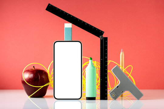 Back to school still life objects and mobile phone mockup