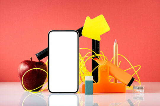 Back to school still life objects and mobile phone mockup