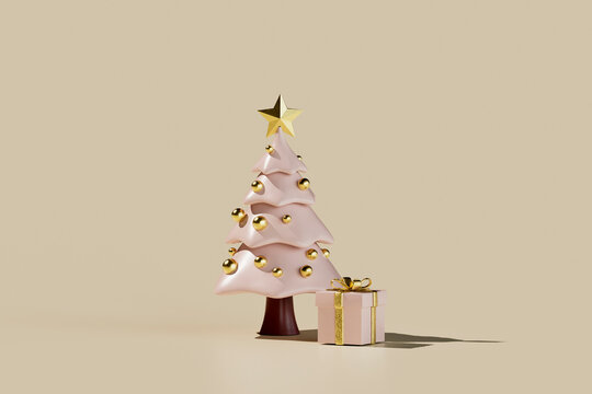 Minimal Pink Christmas Tree with Gold Ornaments and Gift Box