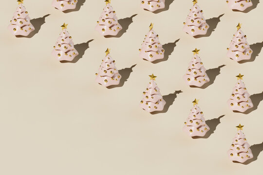 Diagonal Pattern of Pink Christmas Trees with Gold Ornaments