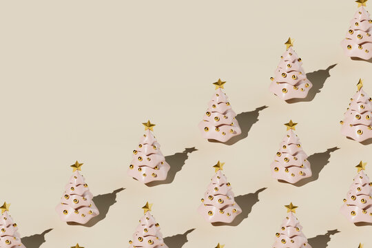 Pink Christmas Trees with Gold Stars in Diagonal Pattern