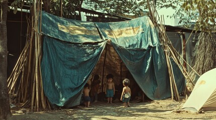 Children play outside a tent crafted from weathered fabric, signifying the simplicity and creativity of childhood in makeshift surroundings.