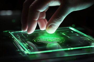 Close-up of a hand placing fingers on a transparent fingerprint scanner, with green scanning light and security lock icon appearing.