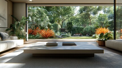 Fototapeta premium Modern living room with large windows overlooking a lush green garden.