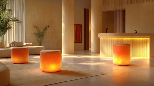 Modern lobby interior with minimalist furniture and warm lighting.
