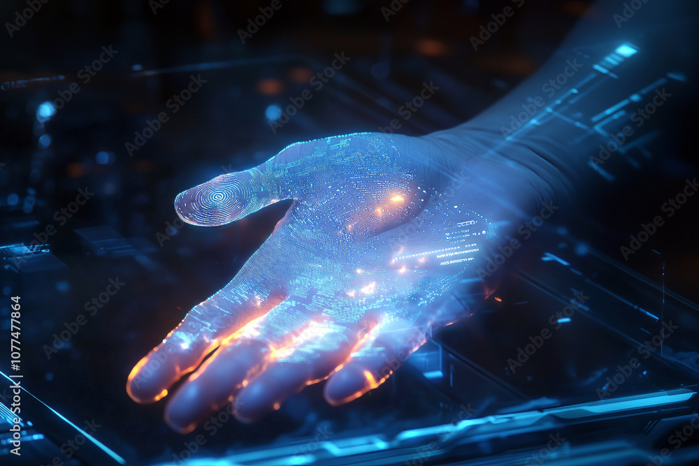 Aufkleber holographic display of a hand with biometric data projected, while a person places their hand on a g