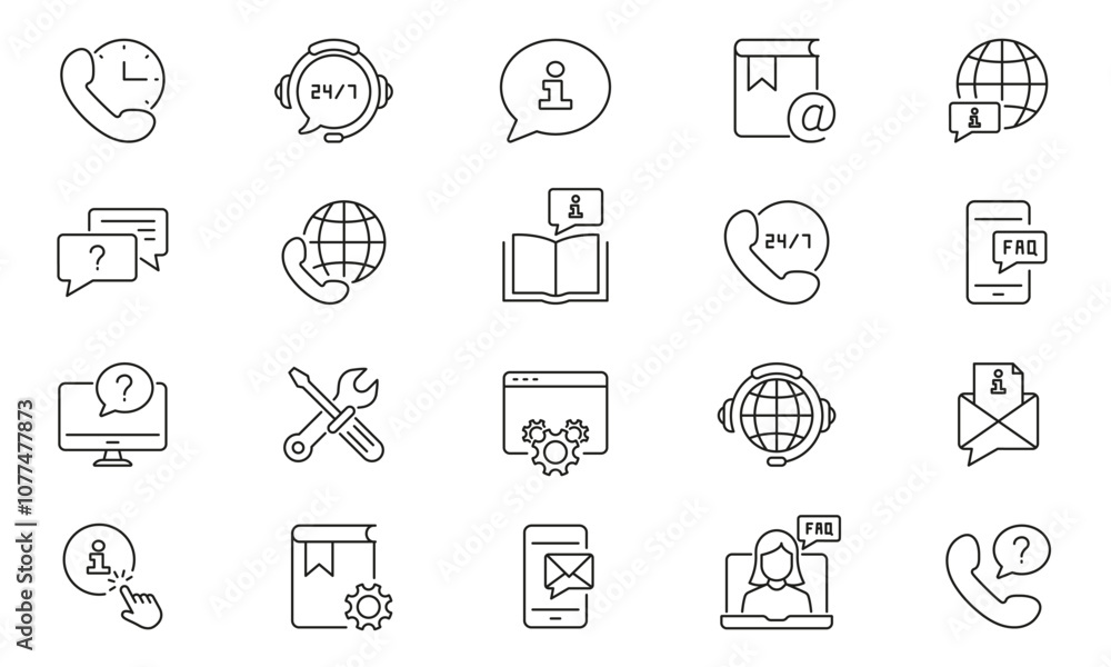 Poster customer support services line icon set. global communication and faq tools outline symbol collectio