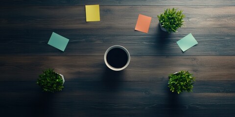 A tranquil workspace with a cup of coffee, surrounded by small plants and colorful sticky notes on a wooden table.