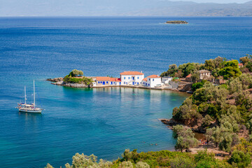 Panoramic view of Tzasteni beach in the Pagasetic gulf, near the town Milina, in the south-west Pelion, Magnesia, Thessaly, Greece.