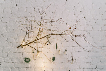 Branch decorated with lights hanging on white wall