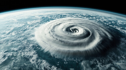 Satellite view of a large hurricane over the Earth with a clearly defined eye, surrounded by spiraling clouds over the ocean, illustrating the power of natural weather systems.