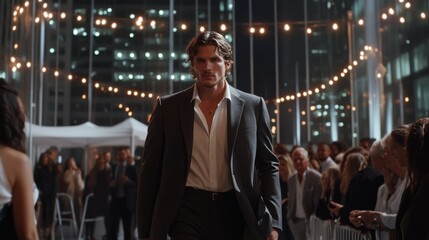 A stylish man in a suit walks confidently through a glamorous, bustling rooftop event under city lights.