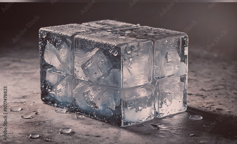 Poster cube of ice with water droplets on it