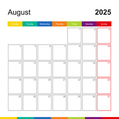 August 2025 colorful wall calendar, week starts on Monday.